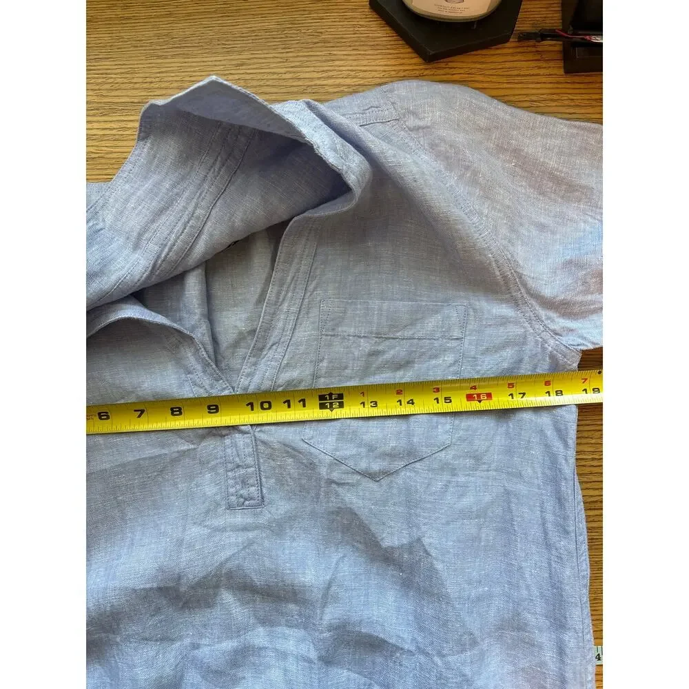 J Crew Bungalow Maxi Popover Dress XS in Linen Blue Quiet Luxury Coastal Beach